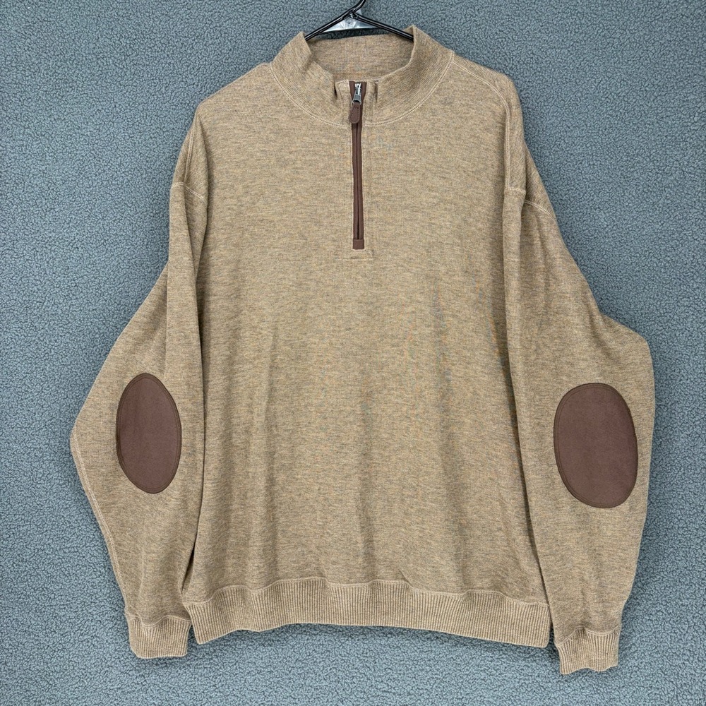 Cremieux Mens Tan Heathered Quarter Zip Pullover Sweater Elbow Patches XL
